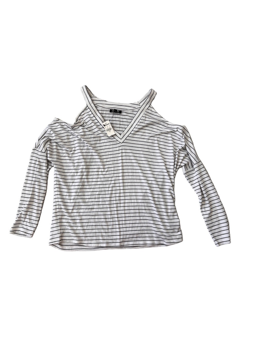 NWT ⭐️ Express White and Black Striped V-Neck Shoulder Cut Out Long Sleeve Top